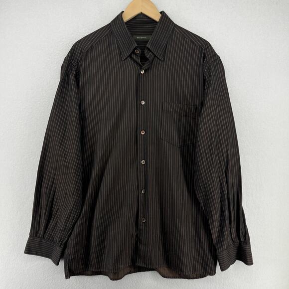 ERMENEGILDO ZEGNA Shirt Mens XL Striped Herringbone Twill Button Up Cotton Brown - Picture 2 of 15